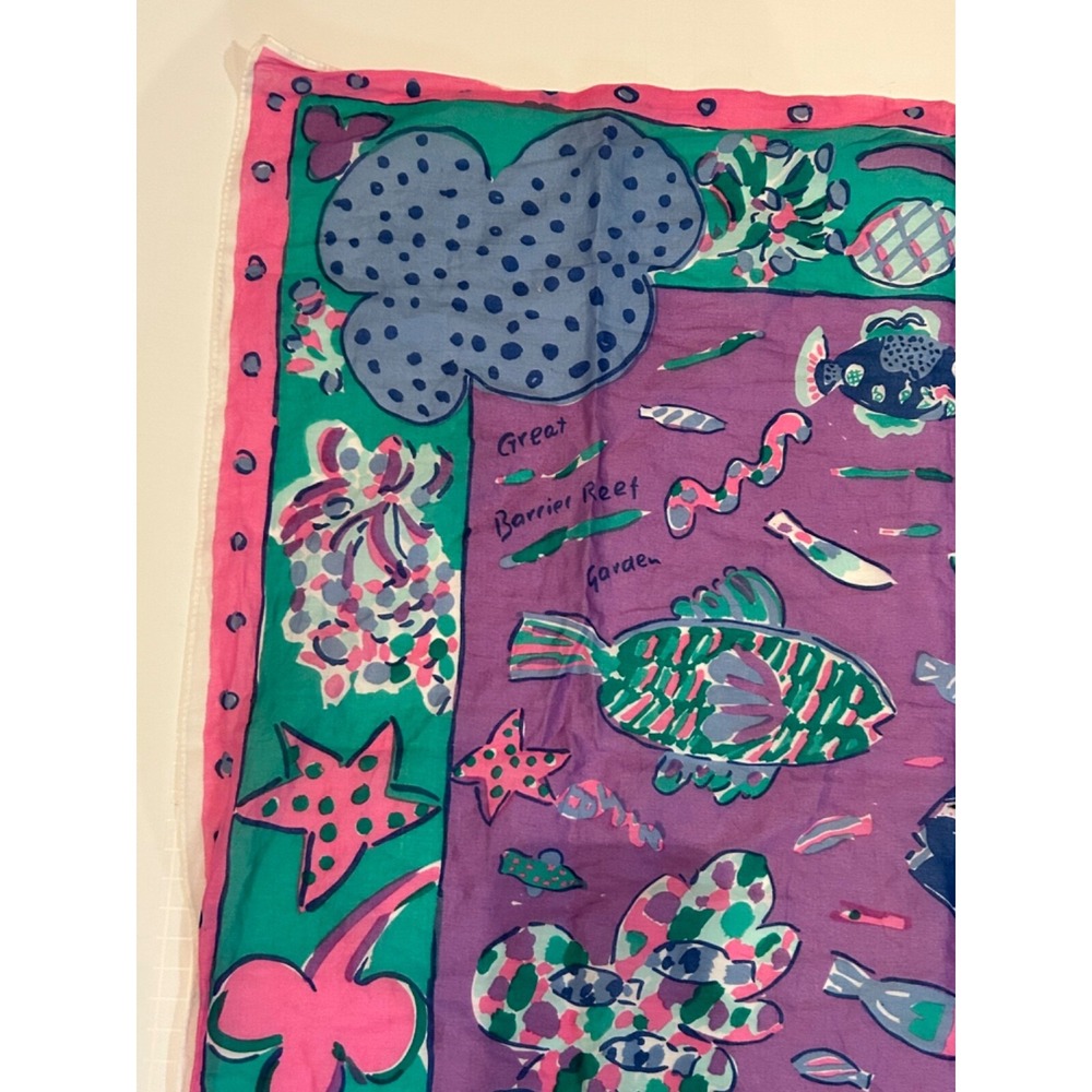 Vintage KEN DONE Fish Scarf Great Barrier Reef Ocean Scene Cotton‎ Made in JAPAN - Picture 2 of 9